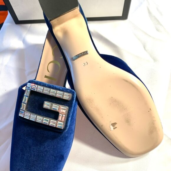 Gucci Madelyn Crystal Logo Blue Velvet Mules - Worn Once - Eu Size 39 - Picture 4 of 5